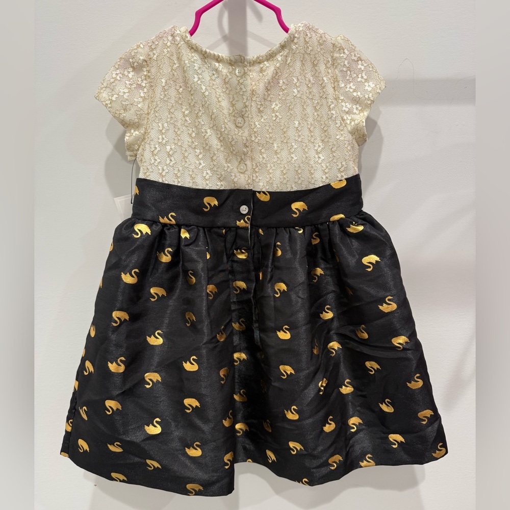Girls' Two-Tone Lace & Satin Dress with Gold Swan Print - Picture 2 of 4